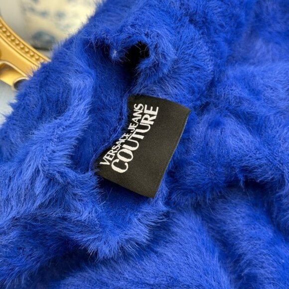 🆕 VERSACE JEANS COUTURE 🧿 NWOT Royal Blue Faux Fur Knit Dress, Buttons - Sz S - Picture 14 of 16